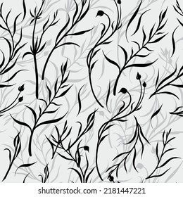 Seamless pattern with decorative branches and leaves. Black and white hand drawn vector illustration.