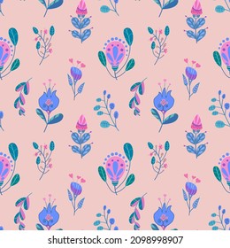 Flores rosa y violeta brillantes y estampadas de color azul-verde sobre fondo rosa claro. Flores. Gente. Magenta.