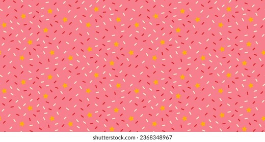 Seamless pattern with decorative bright sprinkles texture on pink background.