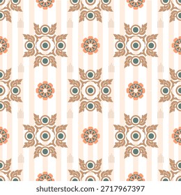 Modelo inconsútil con las flores marrones decorativas en estilo retro en un Fondo de pantalla a rayas naranjas. Ilustración vectorial. Ideas para textiles, alfombras, azulejos, cortinas, tapices y artesanías de papel. 