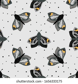 Seamless pattern with decorative butterflies in cartoon style. Great for fabric, textile. Vector background.
