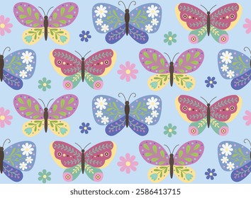 Seamless pattern with decorative butterflies and flowers. Abstract colorful background