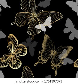 Seamless pattern with decorative butterflies golden outline. design greeting card and invitation of wedding, birthday, Valentine s Day, mother s day, spring, summer holidays, fabric, textile