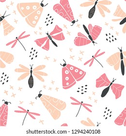 Seamless pattern with decorative butterflies moth, dragonfly. Colorful hand drawn doodle vector background. Scandinavian style illustration. For modern and original textile, wrapping paper - Vector