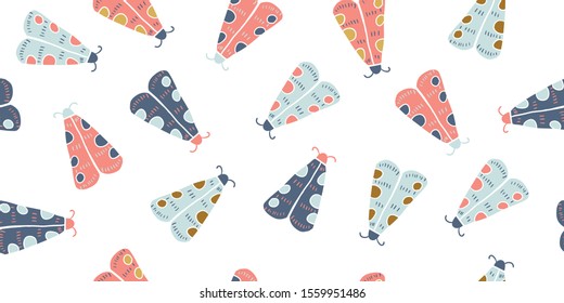 Seamless pattern with decorative butterflies moth on white background. Scandinavian style background. For modern and original textile, wrapping paper for kids