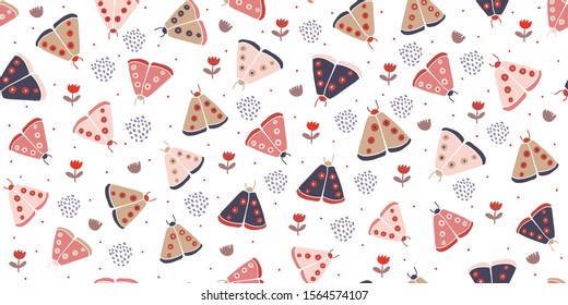 Seamless pattern with decorative butterflies moth with polka dots and tulip flowers on white background. Scandinavian style background. For modern and original textile, wrapping paper for kids