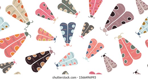 Seamless pattern with decorative butterflies moth on white background. Scandinavian style background. For modern and original textile, wrapping paper for kids