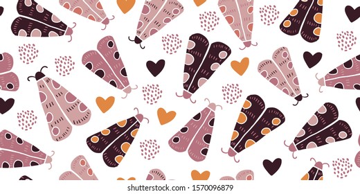 Seamless pattern with decorative butterflies moth, hearts on white background. Scandinavian style romantic background. For modern and original textile, wrapping paper for valentines day