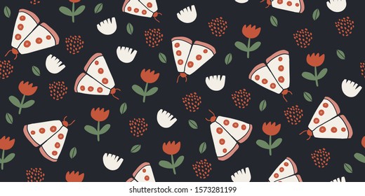 Seamless pattern with decorative butterflies moth with polka dots, leaves and tulip flowers on dark background. Scandinavian style background. For modern and original textile, wrapping paper