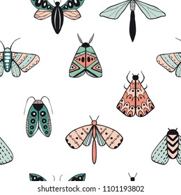 Seamless pattern with decorative butterflies and moths. Colorful hand drawn doodle vector background. Cartoon style illustration. For modern and original textile, wrapping paper, wall art design