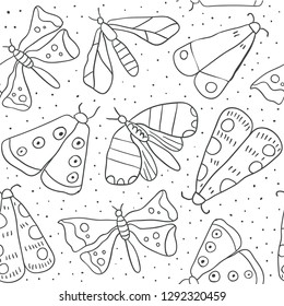 Seamless pattern with decorative butterflies and moths. Colorful hand drawn doodle vector background. Scandinavian style illustration. For modern and original textile, wrapping paper - Vector