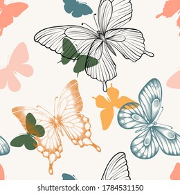 Seamless pattern with decorative butterflies in scandinavian style. design greeting card and invitation of wedding, birthday, Valentine s Day, mother s day, spring, summer holidays, fabric, textile.