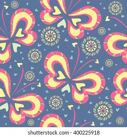 seamless pattern, decorative butterfly, circular ornament, heart