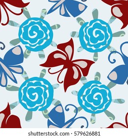 Seamless pattern of decorative butterfly and a large stylized flowers on a pale blue background