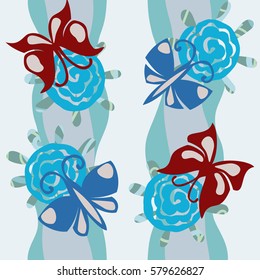 Seamless pattern of decorative butterfly on blue stylized flowers with textured leaves on the gray-blue waves