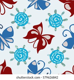 Seamless pattern of decorative butterfly and small stylized flowers on a pale blue background