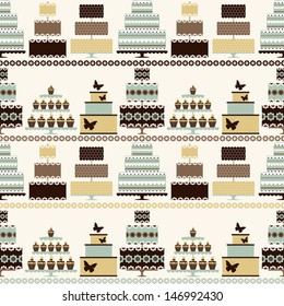 Seamless pattern with decorative cakes in retro colors. Vector background.