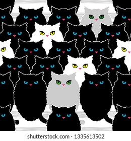 Seamless pattern with decorative Cats. Funny lovely Cats. Brushwork. Hand hatching. Doodle. Can be used for wallpaper, textile, invitation card, wrapping, web page background.