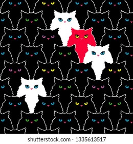 Seamless pattern with decorative Cats. Funny lovely Cats. Brushwork. Hand hatching. Doodle. Can be used for wallpaper, textile, invitation card, wrapping, web page background.