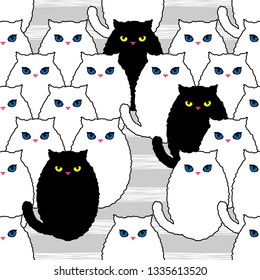 Seamless pattern with decorative Cats. Funny lovely Cats. Brushwork. Hand hatching. Doodle. Can be used for wallpaper, textile, invitation card, wrapping, web page background.