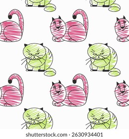Seamless pattern with decorative cats. Multicolored sketch