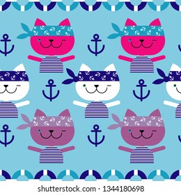 Seamless pattern with decorative Cats Sailors. Sea. Cute cartoon. Vector illustration. Can be used for wallpaper, textile, invitation card, wrapping, web page background.