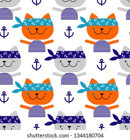 Seamless pattern with decorative Cats Sailors. Sea. Cute cartoon. Vector illustration. Can be used for wallpaper, textile, invitation card, wrapping, web page background.
