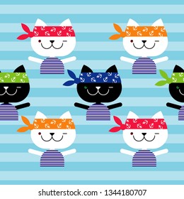 Seamless pattern with decorative Cats Sailors. Sea. Cute cartoon. Vector illustration. Can be used for wallpaper, textile, invitation card, wrapping, web page background.