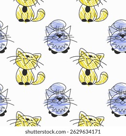 Seamless pattern with decorative cats. Yellow blue