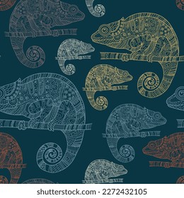 Seamless pattern with decorative chameleons. Vector file for designs.