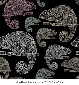 Seamless pattern with decorative chameleons. Vector file for designs.