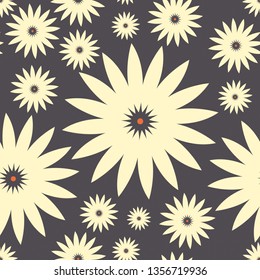 Seamless pattern with decorative chamomile flowers isolated on purple grey background. Stylish vector template.