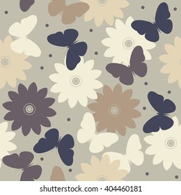 Seamless pattern with decorative chamomile flowers and butterflies silhouettes can be used for wallpaper, pattern fills,  surface textures, linen, tile and more creative designs.