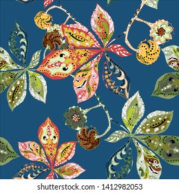 Seamless pattern decorative chestnut leaves with fruit on blue background.