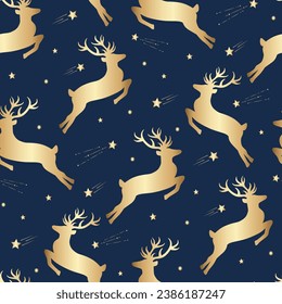 Seamless pattern of decorative Christmas reindeer and star. Hand drawn holiday symbol, deer silhouette. Happy New Year vector sketch illustration for greeting card, wallpaper, wrapping paper, fabric