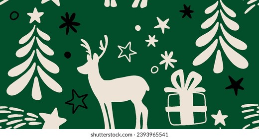 Seamless pattern of decorative Christmas reindeer and star. Hand drawn holiday symbol, deer silhouette. Happy New Year vector sketch illustration for greeting card, wallpaper, wrapping paper, fabric