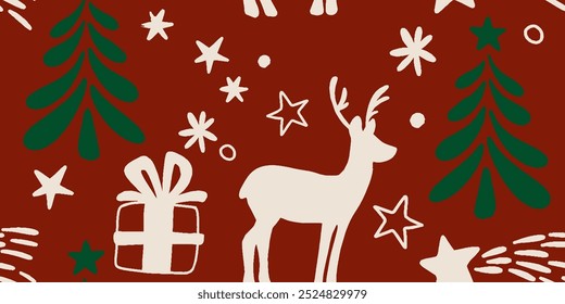 Seamless pattern of decorative Christmas reindeer and star. Hand drawn holiday symbol, deer silhouette. Happy New Year vector sketch illustration for greeting card, wallpaper, wrapping paper, fabric
