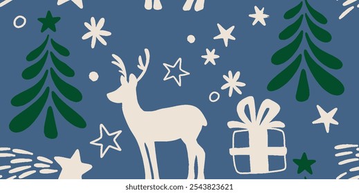 Seamless pattern of decorative Christmas reindeer and star. Hand drawn holiday symbol, deer silhouette. Happy New Year vector sketch illustration for greeting card, wallpaper, wrapping paper, fabric