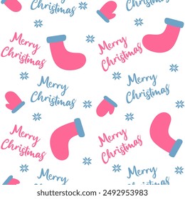 Seamless pattern with decorative Christmas stockings with snowflakes on a white background. Happy New Year background. 