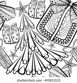 Seamless pattern of decorative Christmas trees, gift boxes and stars. Hand drawn Vector illustration in zentangle style. Sketch for wallpaper, pattern fills, New Year posters and greeting cards
