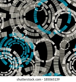 Seamless pattern with decorative circles on black background. Vector abstract grunge texture.