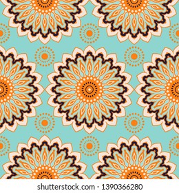 Seamless pattern with decorative circles in the style of a mandala.  Vector illustration.