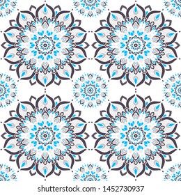 Seamless pattern with decorative circles in the style of a mandala.  Vector illustration.