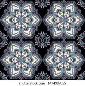 Seamless pattern with decorative circles in the style of a mandala.  Vector illustration.