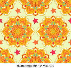 Seamless pattern with decorative circles in the style of a mandala.  Vector illustration.