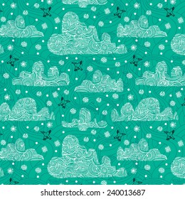 Seamless pattern with decorative clouds and snow on a background sky. Vector illustration.