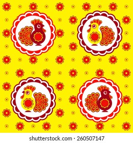 Seamless pattern with decorative cockerels in folk style