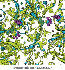 Seamless pattern of decorative color, green, blue, purple floral elements. Abstract cornflower. Vintage lace. Suitable for printing on textiles, clothing, leggings, scrapbooking, wrapping paper.