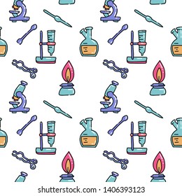 Seamless pattern of decorative color hand drawn chemical lab scientific experiment equipment isolated vector illustration.Set of flask and metal tools in doodle on white background.Chemistry for kids