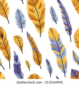 Seamless pattern of decorative colored animals tribal feathers. Decorative ethnic stylize feather ornamental indian aztec design, colored boho hippie birds. Rustic decorative feathers background.